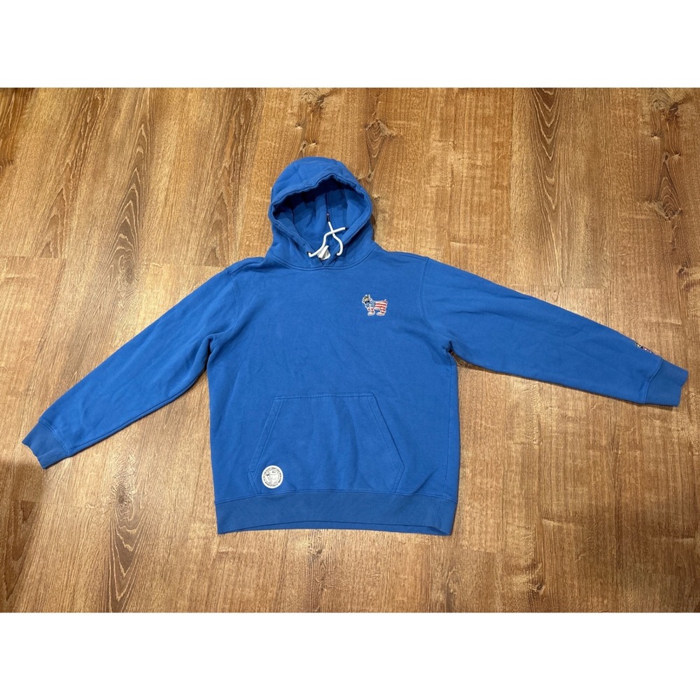 GOAT USA Mens Blue Hoodie Pullover American Flag Logo Sweatshirt Large